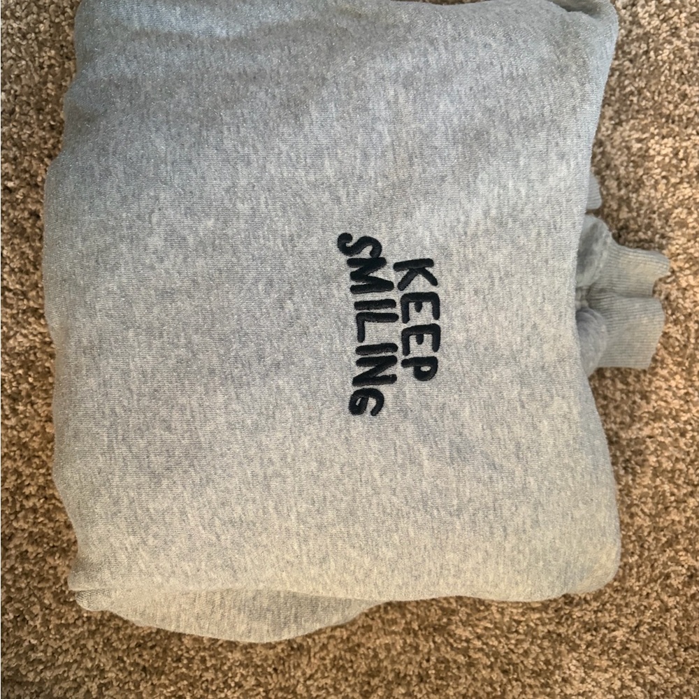 Cotton On Light Gray Crewneck Sweater with 'Keep Smiling' Embroidery